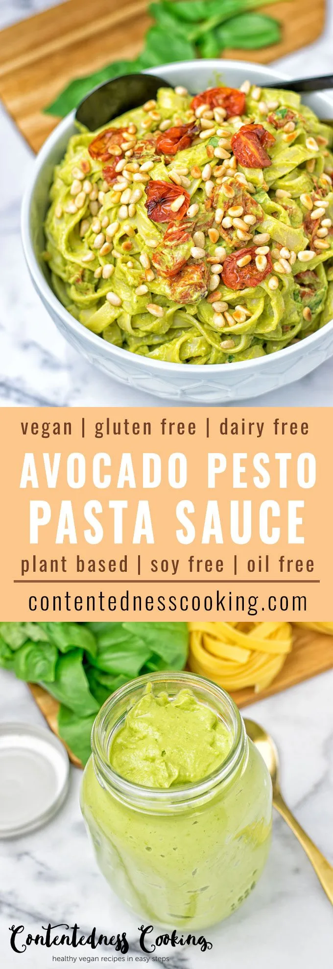 Collage of two pictures of the Avocado Pesto Pasta Sauce with recipe title text.
