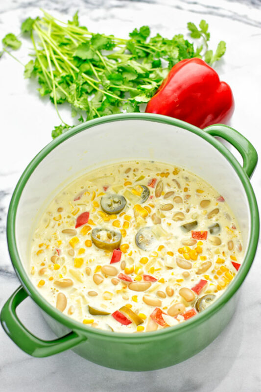 A view of a large pot with Vegetarian White Chili.