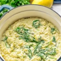 Creamy Spinach Orzo with Lemon Sauce | #vegan #glutenfree #contentednesscooking #plantbased #dairyfree