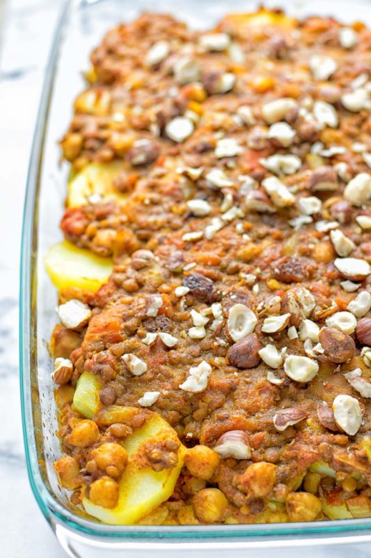 Moroccan Chickpea Lentil Potato Casserole - Contentedness Cooking