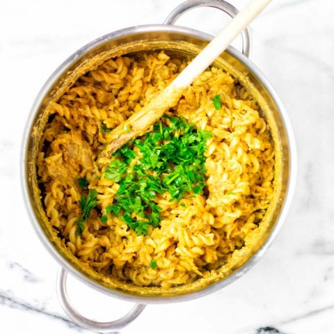 Top view of the Lentil Pasta in a large pot.