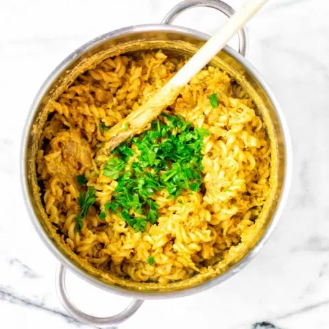 Top view of the Lentil Pasta in a large pot.