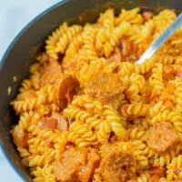 A large pan with tho Chorizo Pasta.