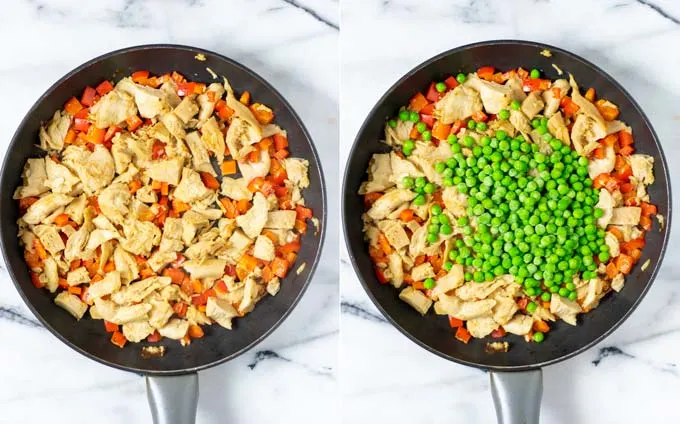 Side by side view of a pan in which vegan chicken, onions and bell pepper are fried, and later peas are added.