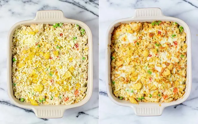 Side by side view of the casserole dish before and after baking.