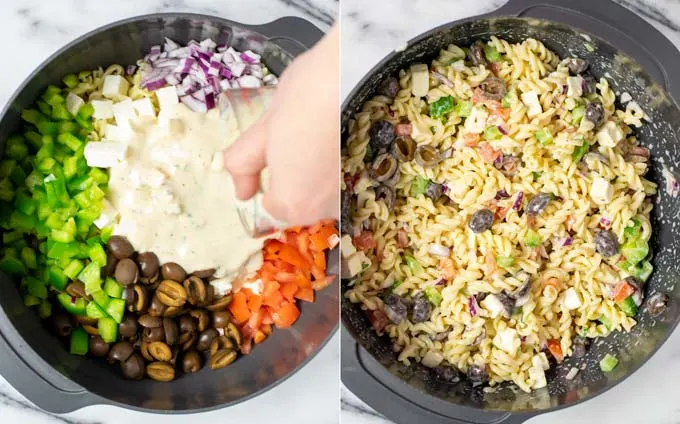 The Easy Pasta Salad before and after mixing with the dressing.