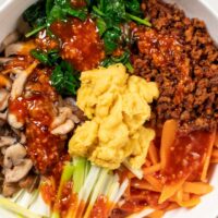 Closeup on a bowl with Bibimbap.