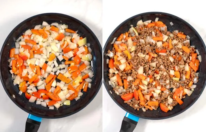 Step-by-step picture showing frying of onions, bell pepper and vegan ground beef.