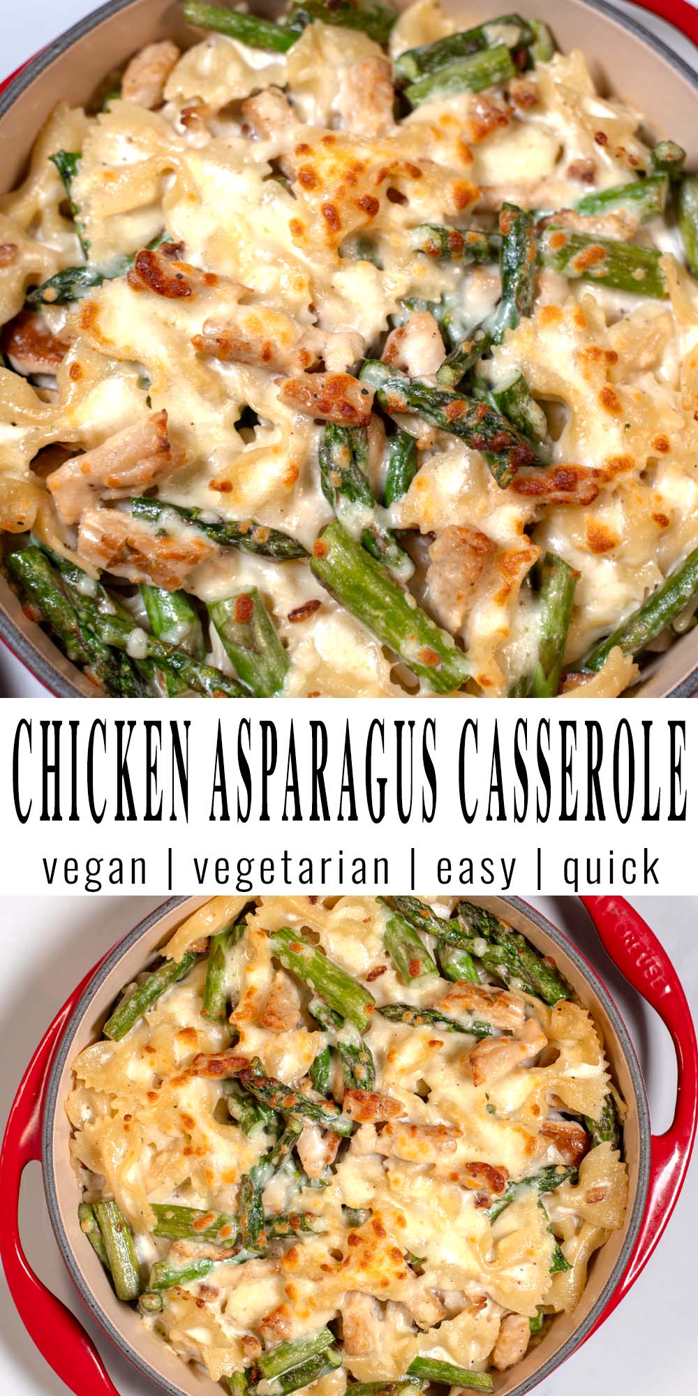 Collage of two photos showing Chicken Asparagus Casserole with recipe title text.