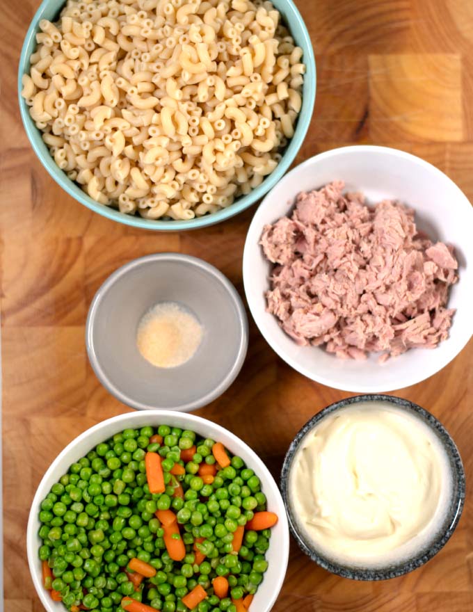 Ingredients needed to make Cold Tuna Noodle Casserole.