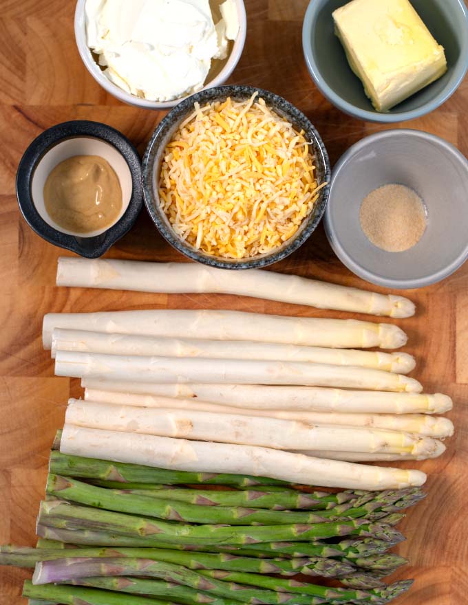 Ingredients needed for making Keto Asparagus Casserole collected before cooking.