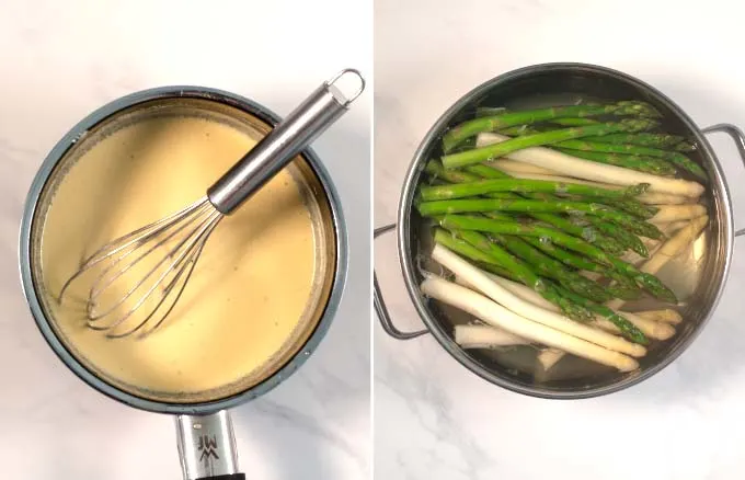 Ready creamy sauce and precooked asparagus.