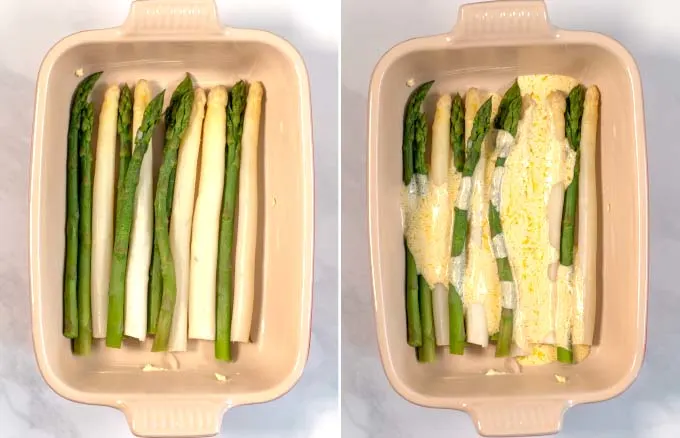 Step-by-step pictures showing the assembly of the Keto Asparagus Casserole.