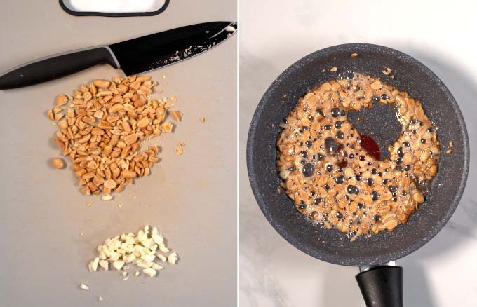 Step-by-step picture showing chopping of peanuts and garlic and frying.