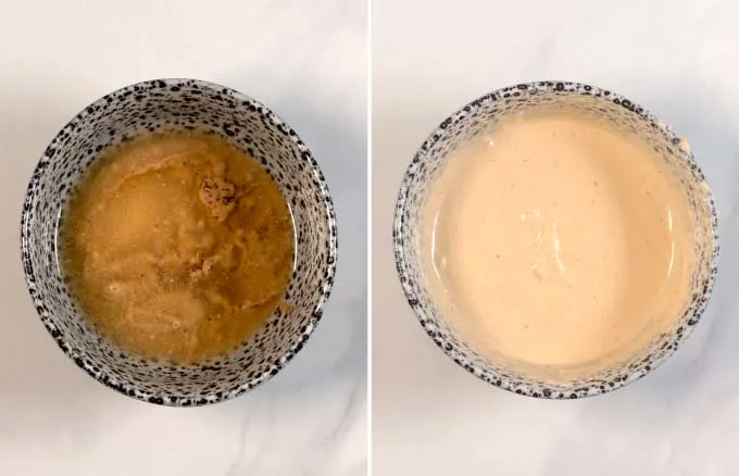Step-by-step pictures showing the preparation of tangy tahini sauce.