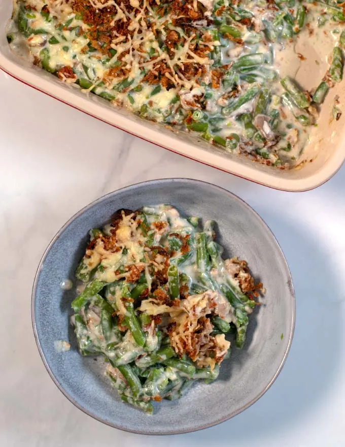 A serving of Green Bean Casserole with Cream Cheese.