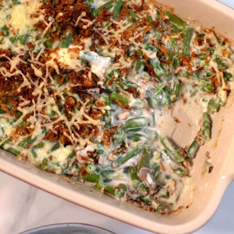 Closeup to the baking dish with the Green Bean Casserole.