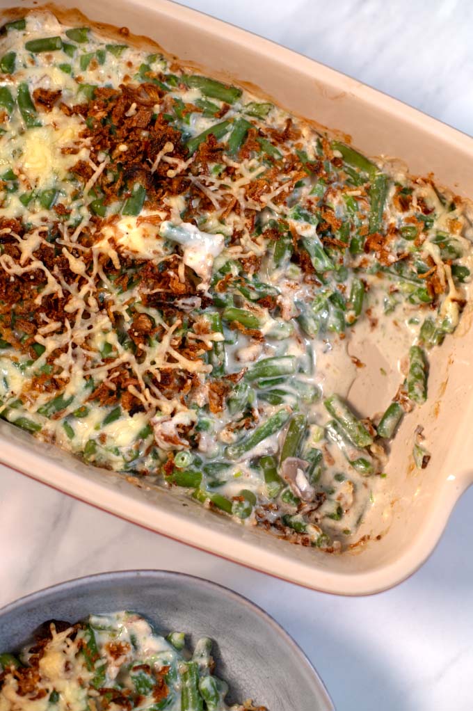 Closeup to the baking dish with the Green Bean Casserole.