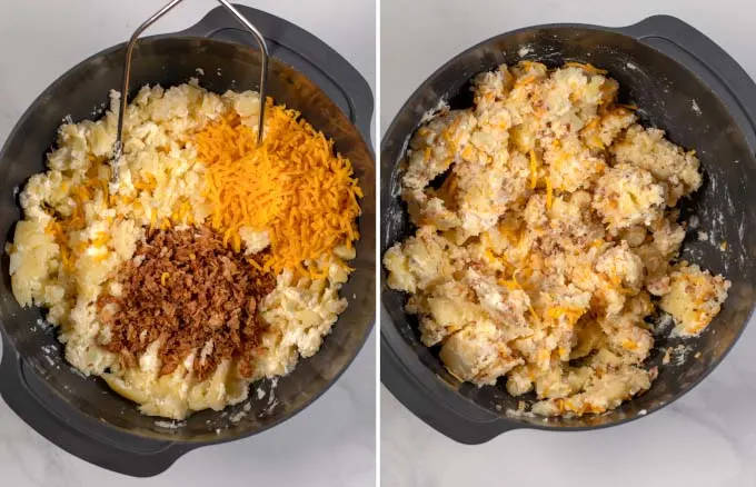 Top view of large mixing bowl with Leftover Boiled Potato Casserole. 