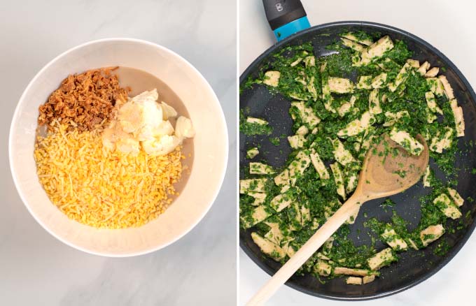 Step-by-step pictures showing the making of the creamy sauce and the chicken-spinach mixture.