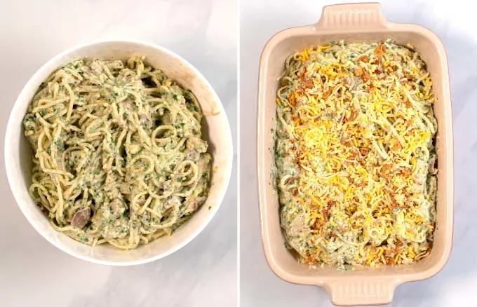 Mixed spaghetti and a view of the casserole covered in Monterey cheese.