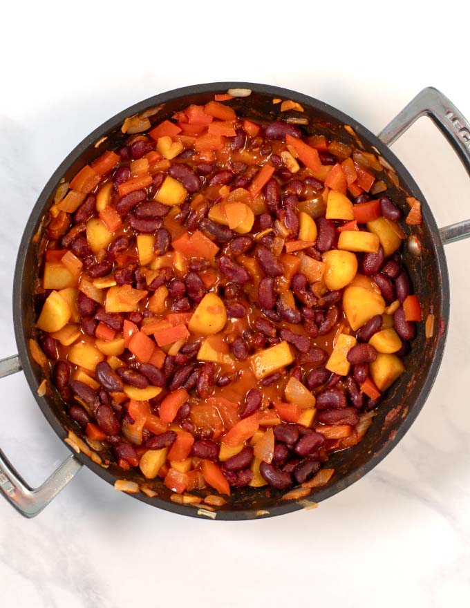 Top view of Puerto Rican Beans in a pan.