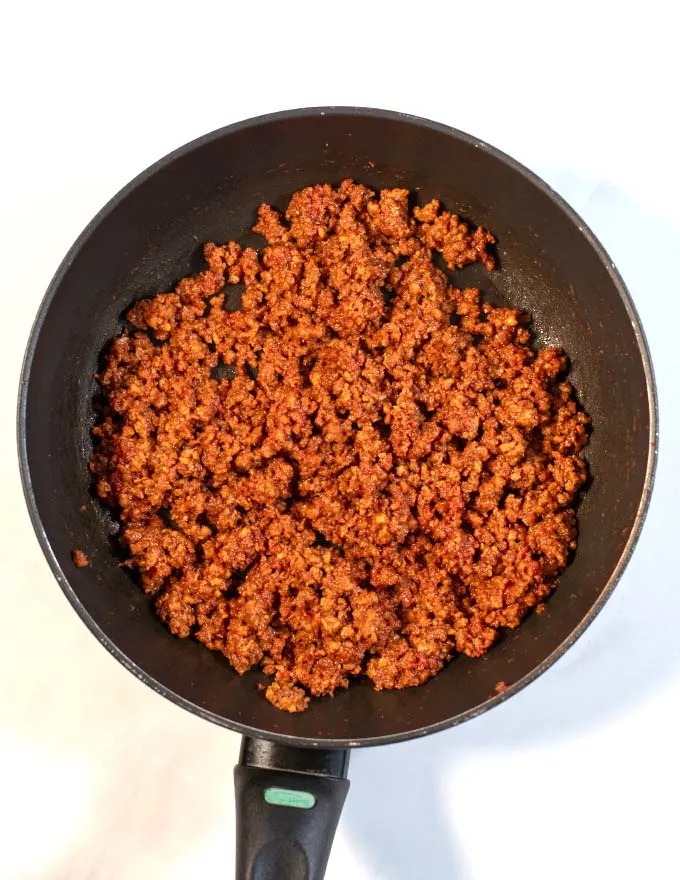 View of a pan with the vegan ground beef filling.