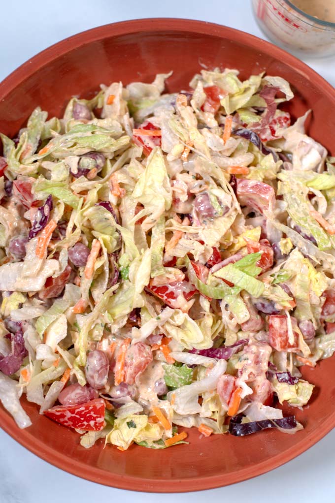 Closeup of a salad dressed with Southwest Ranch Dressing.