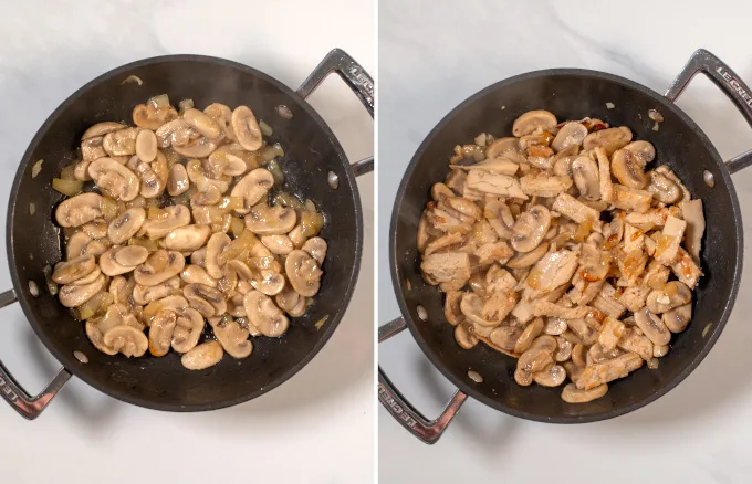 Side-by-side view of onions, mushrooms, and vegan chicken in a pan.