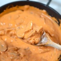 View of a wooden spoon with Brazilian Stroganoff.