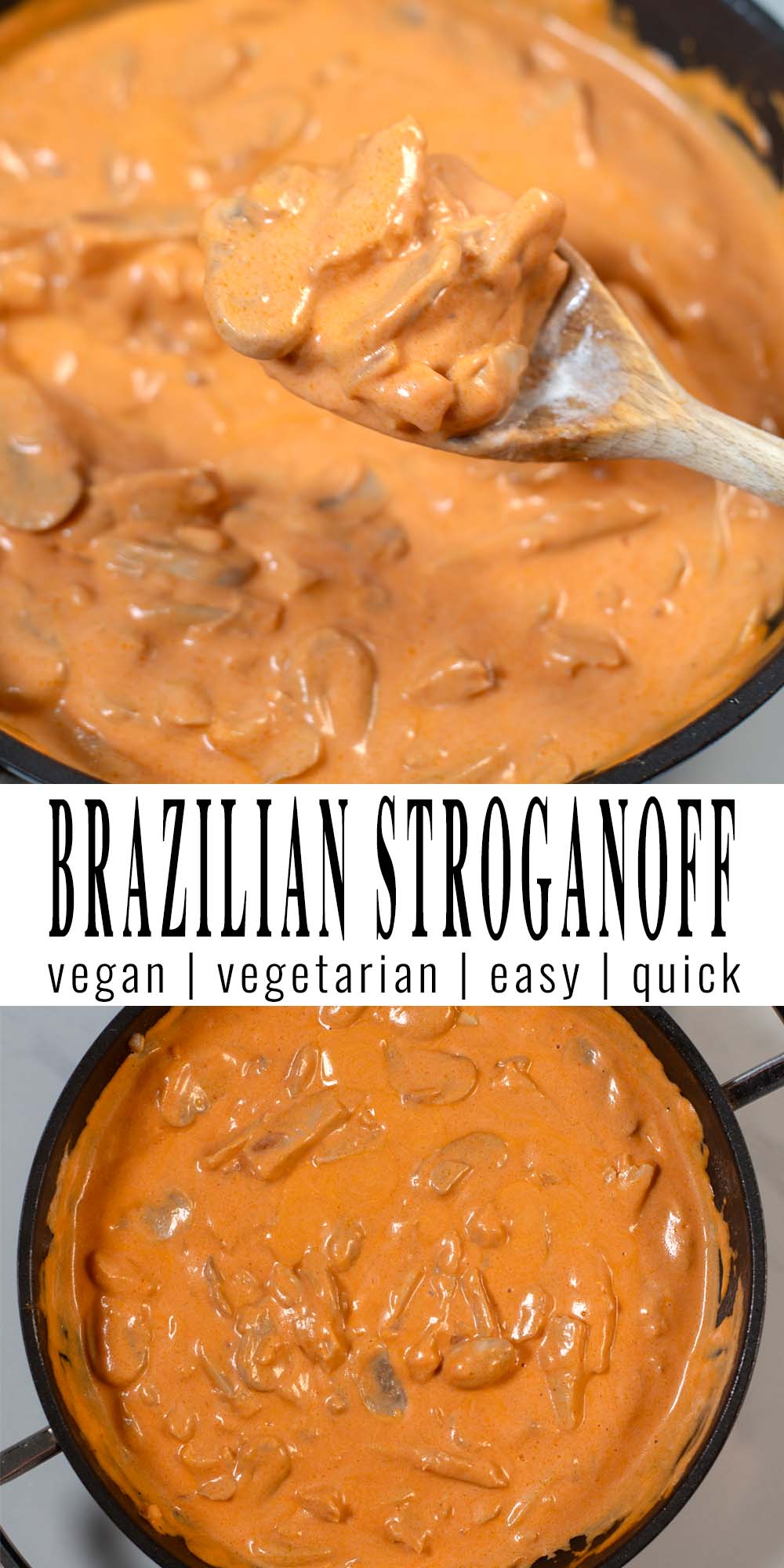 Collage of two photos of Brazilian Stroganoff with recipe title text.