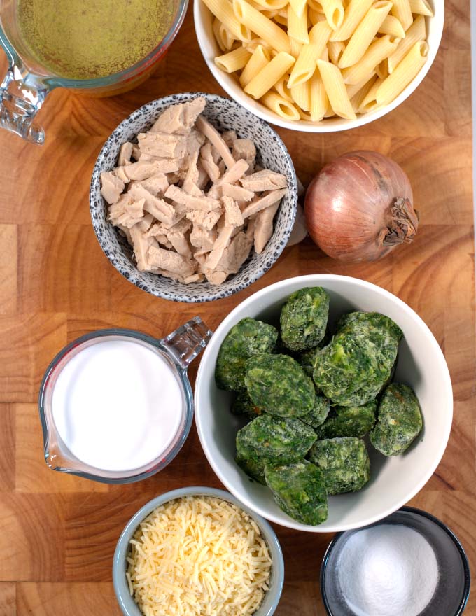 Ingredients needed to make Chicken and Kale Casserole.