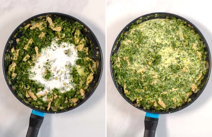 Coconut milk is mixed with kale and chicken in a pan.