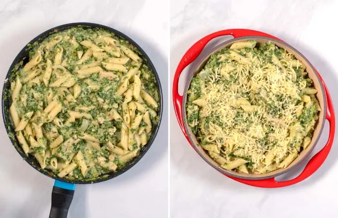 Side-by-side view of a cooking pan and casserole dish with the Chicken and Kale Casserole.