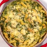 Top view of the cheesy top of the Chicken and Kale Casserole.