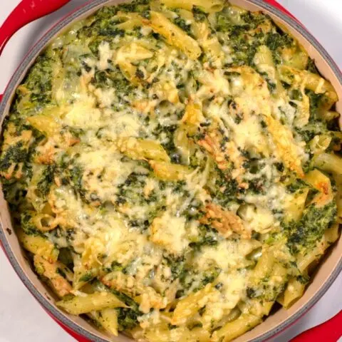 Top view of the cheesy top of the Chicken and Kale Casserole.