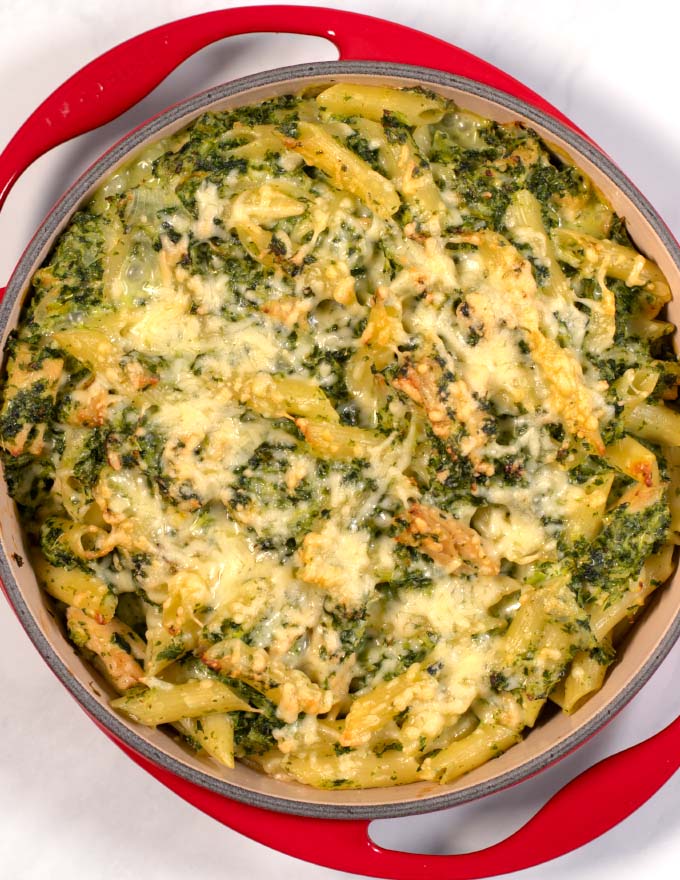 Top view of the cheesy top of the Chicken and Kale Casserole.