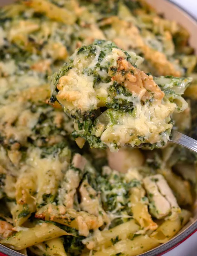 A large spoonful of Chicken and Kale Casserole.