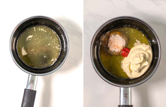 Side by side view of a small pan showing the preparation of Japanese White Sauce.