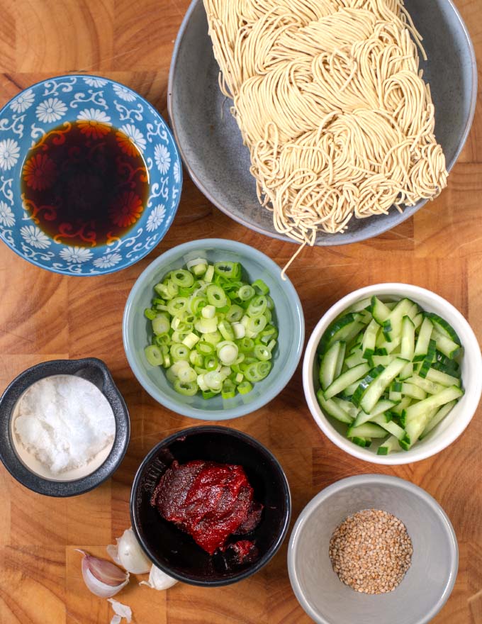 Ingredients needed for making Korean Cold Noodles.