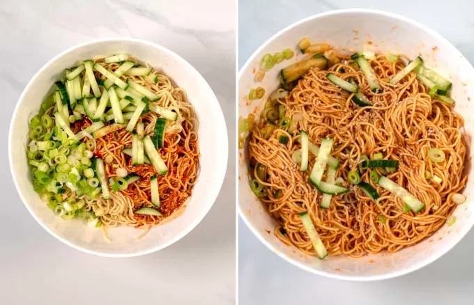 Side-by-side view of a mixing bowl with Korean Cold Noodles.