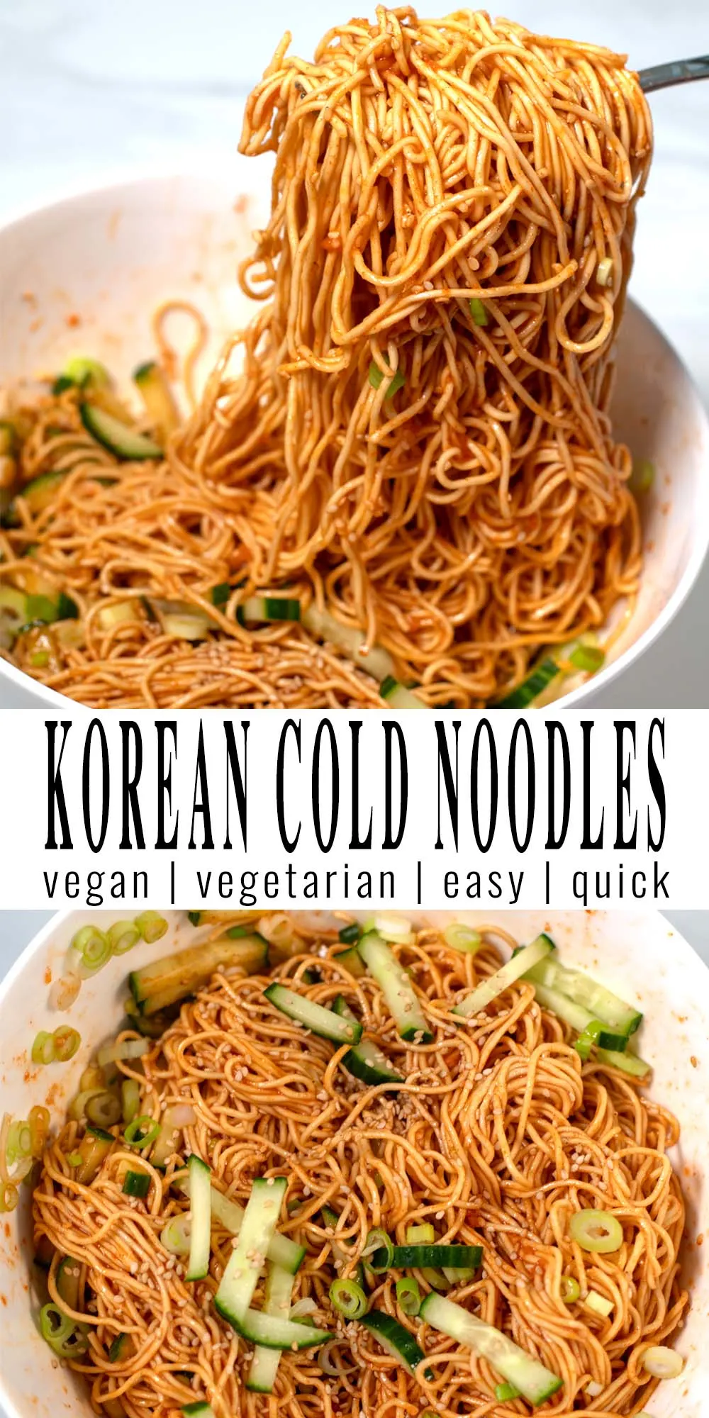 Collage of two photos showing Korean Cold Noodles.