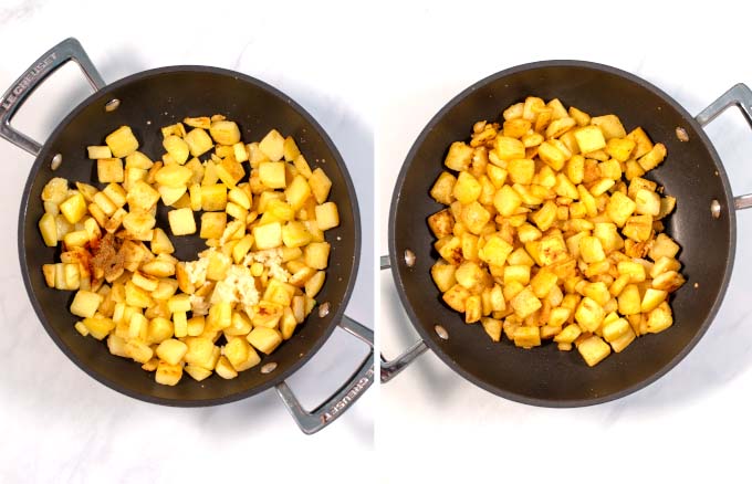 Side-by-side view of a frying pan with potato cubes.