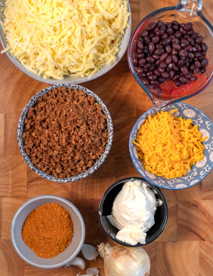 Ingredients needed to make Taco Hash Brown Casserole.