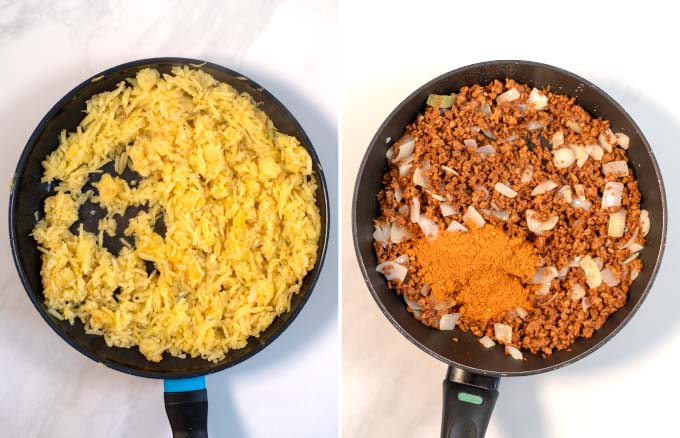 Step-by-step pictures showing how to make hash browns and taco meat.