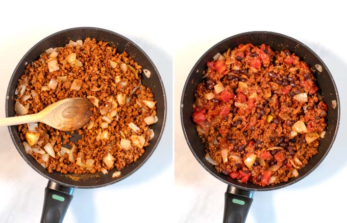 Side-by-side pictures of taco meat in a pan.