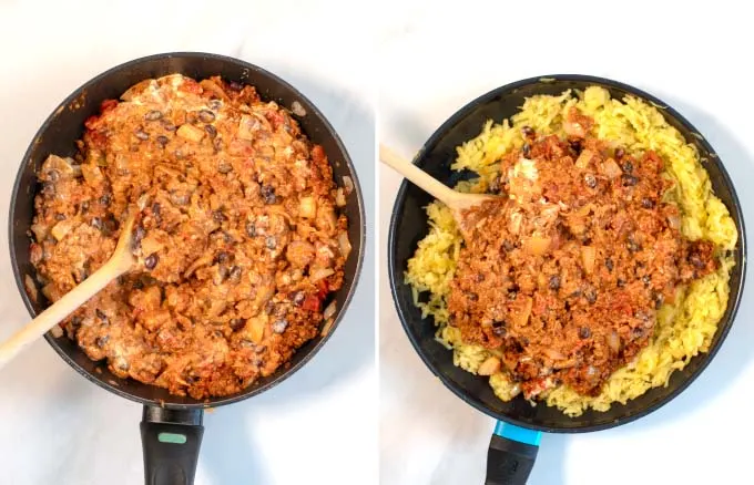 Step-by-step guide showing mixing of hash browns with taco meat.