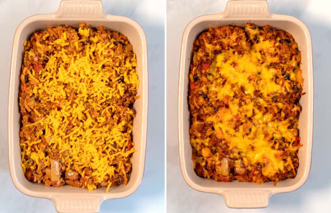 Taco hash Brown Casserole before and after baking in the oven.