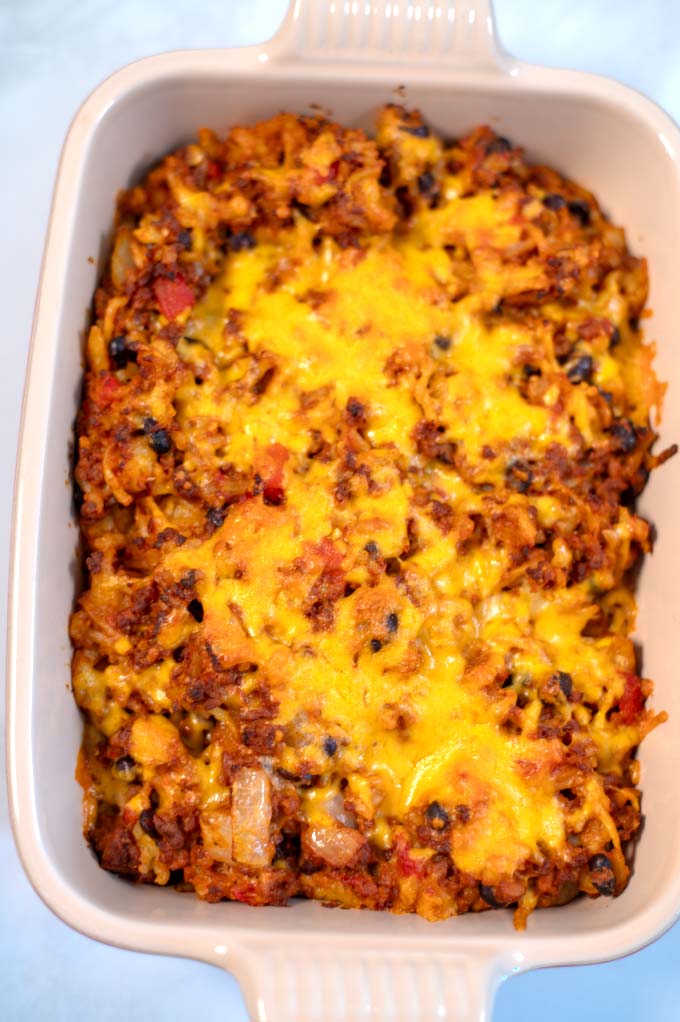 Closeup on Taco Hash Brown Casserole.