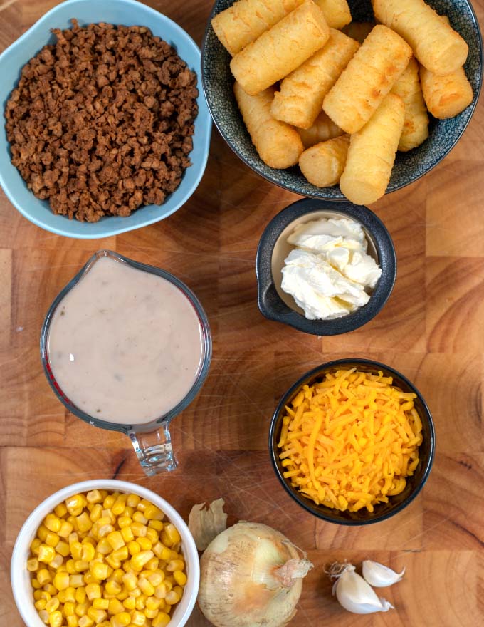 Ingredients needed to make Tater Tot Casserole with Corn.